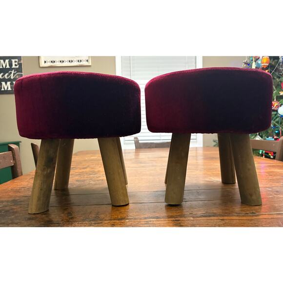 Pair of Matching Red Velvet Foot Stool With Wooden Legs 10.5” tall x 11.5”w - Picture 3 of 8